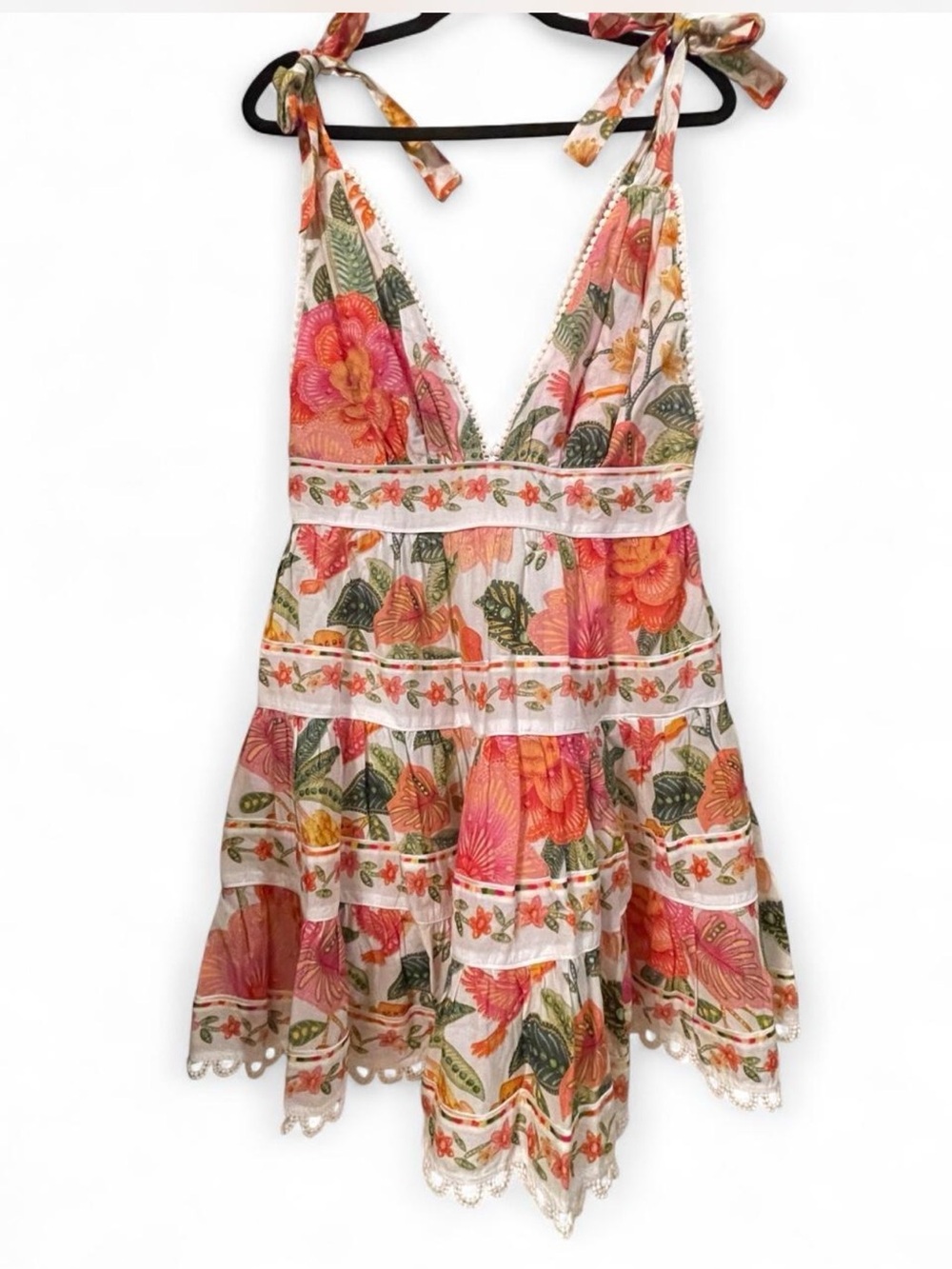 FARM Rio Macaw Bloom Tie-Shoulder Tiered Mini Dress NWOT - Size: M
